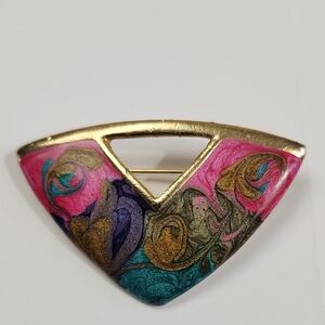 Vintage 1980s Retro Triangle Brooch Swirled Multi-Color Enamel and Gold Tone